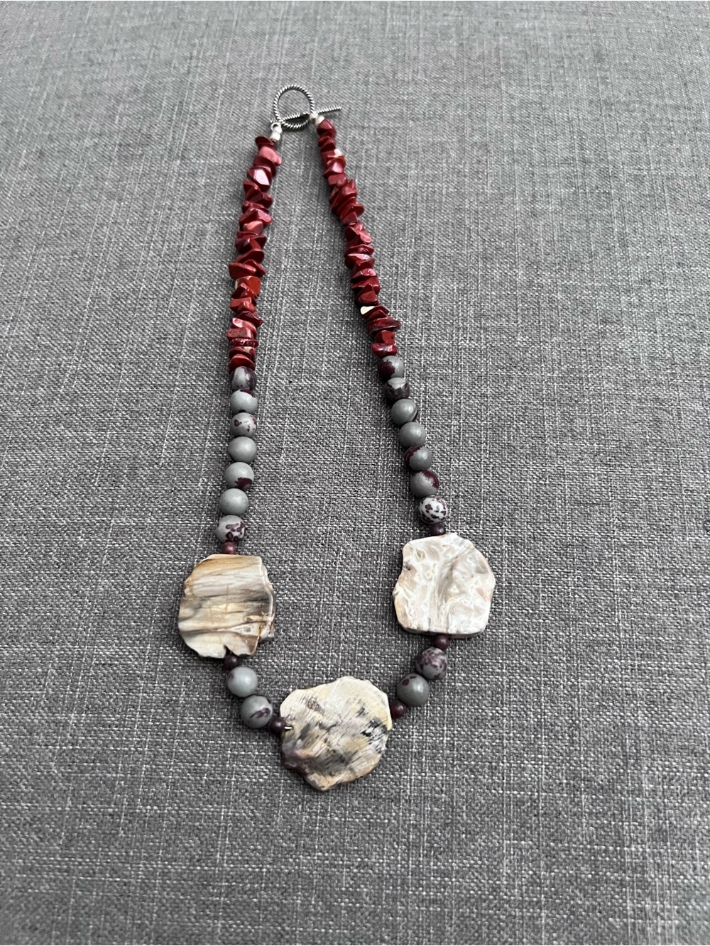 Red and Gray Beaded Necklace with Natural Shell Focal Stones